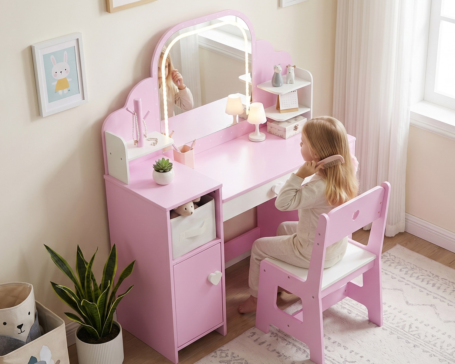 Girl brushing hair in front of pink vanity set with LED mirror – Labebe kids lighted vanity desk